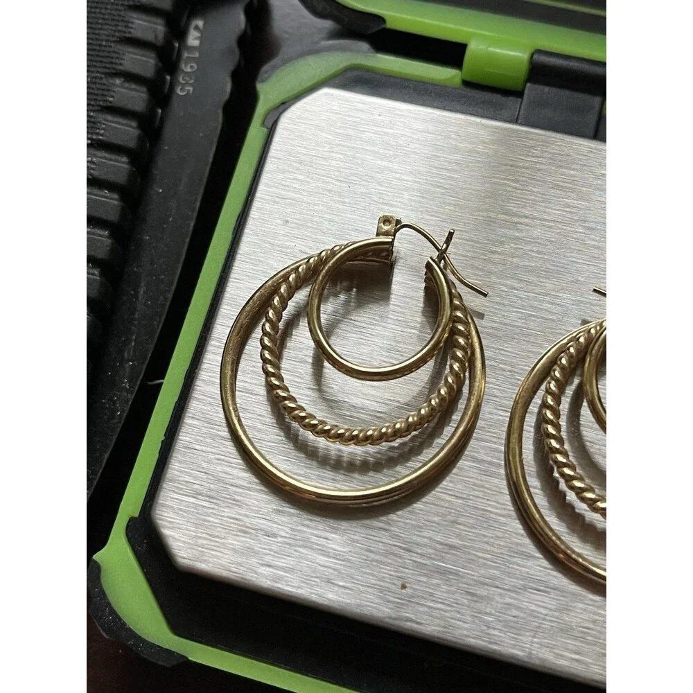 Vintage 14k Yellow Gold Triple Hoop Loop Earrings 3 Hoop Textured 4.3g Grams